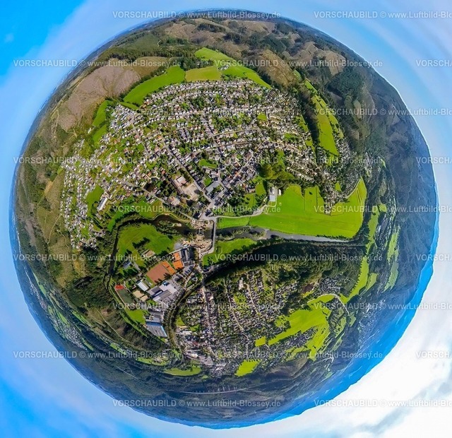 Arnsberg230990221Oeventrop | Luftbild, Ortsansicht Ortsteil Oeventrop, Flugplatz am Fluss Ruhr, Segelfluggelände Oeventrop-Ruhrwiesen, Erdkugel, Fisheye Aufnahme, Fischaugen Aufnahme, 360 Grad Aufnahme, tiny world, Glösingen, Arnsberg, Ruhrgebiet, Münsterland, Nordrhein-Westfalen, Deutschland