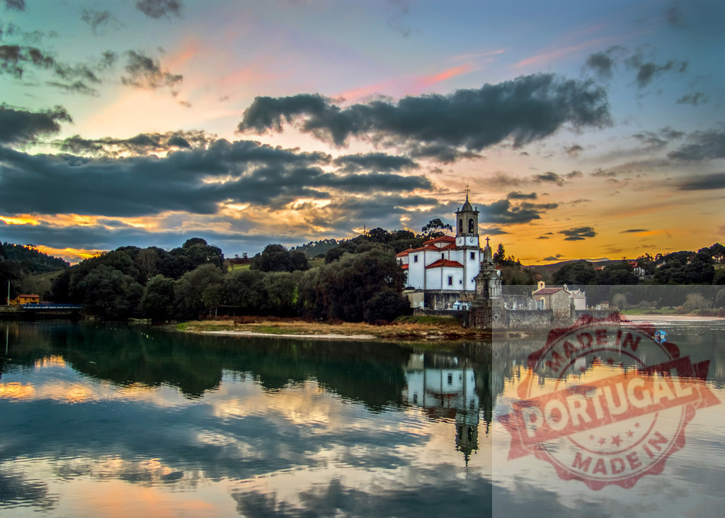 Church of San Salvador reflecting in the ria of Villaviciosa at sunset | Church of San Salvador reflecting in the ria of Villaviciosa during a colorful sunset, Asturias, Spain - Realized with Pictrs.com