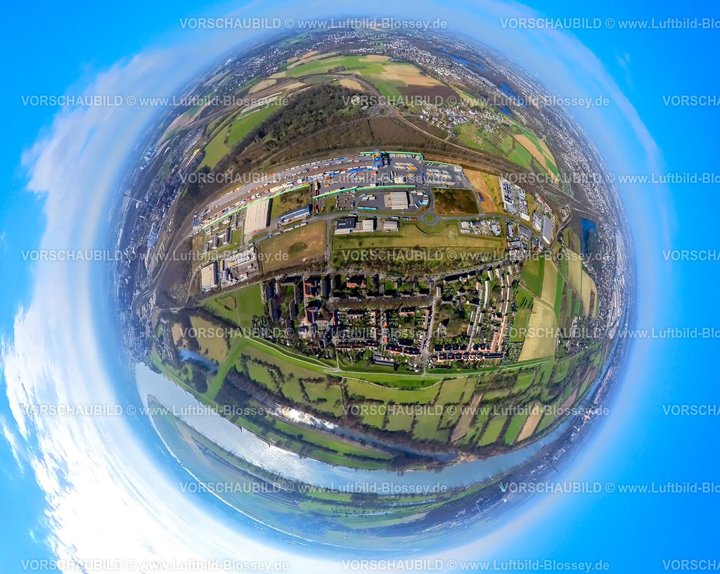 Duisburg240390013LogPortIIIHohenbudberg-2 | Luftbild, logport III, KV-Terminal, Eisenbahnsiedlung Hohenbudberg am Fluss Rhein, Erdkugel, Fisheye Aufnahme, Fischaugen Aufnahme, 360 Grad Aufnahme, tiny world, little planet, fisheye Bild, Friemersheim, Duisburg, Ruhrgebiet, Nordrhein-Westfalen, Deutschland, Duisburg-fish