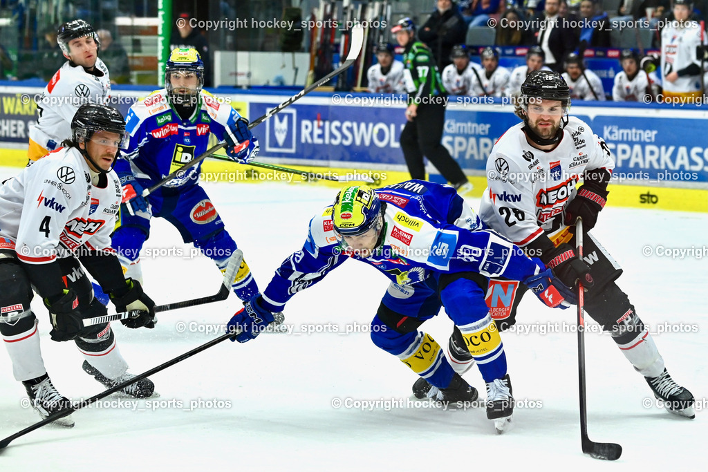 EC IDM Wärmepumpen VSV vs. Pioneers Vorarlberg | #28 Louie Roehl Pioneers Vorarlberg, #40 Elias Wallenta EC VSV, #4 Ramon Schnetzer Pioneers Vorarlberg, #14 Johannes Tschurnig EC VSV, EC IDM Wärmepumpen VSV vs. Pioneers Vorarlberg, EC IDM Wärmepumpen VSV vs. Pioneers Vorarlberg am 22.02.2026 in Villach (Stadthalle Villach), Austria, (Photo by Bernd Stefan)