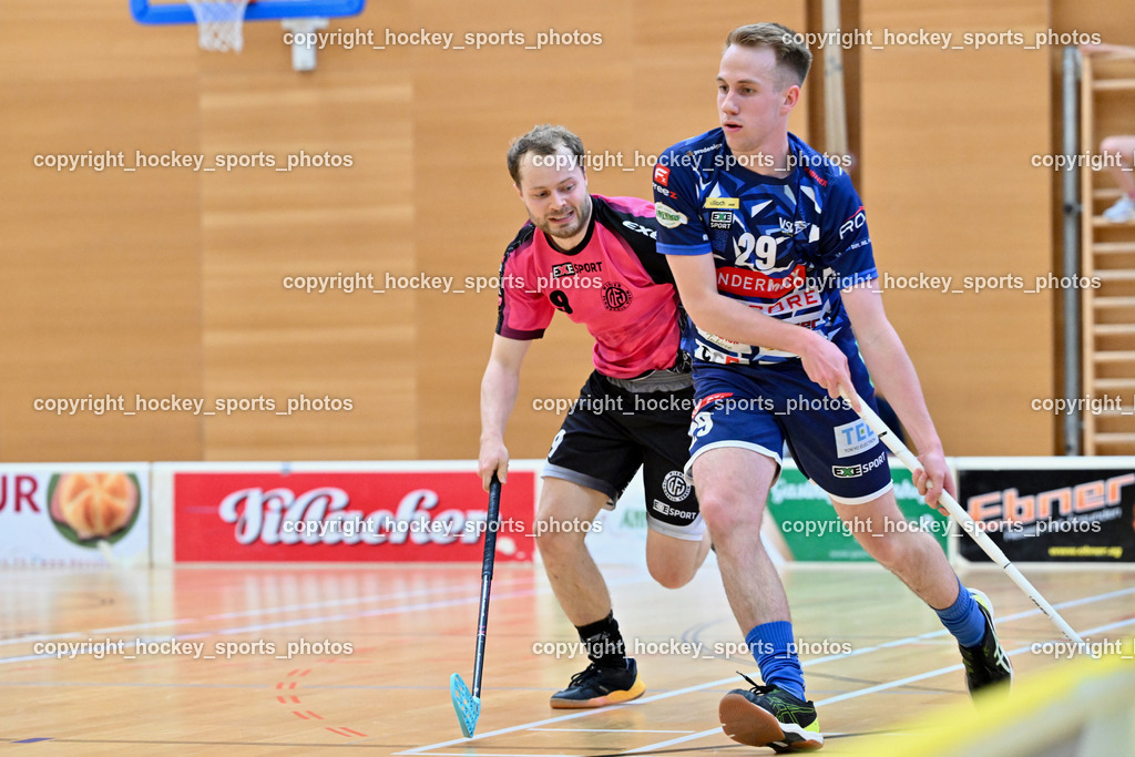 VSV Unihockey vs. Wiener Floorball Verein | #29 Anze Brajic VSV Unihockey, #9 ZEHETNER Laurin Wiener Floorballverein, VSV Unihockey vs. Wiener Floorball Verein, VSV Unihockey vs. Wiener Floorball Verein am 18.05.2025 in Villach (Ballspielhalle St. Martin), Austria, (Photo by Bernd Stefan)
