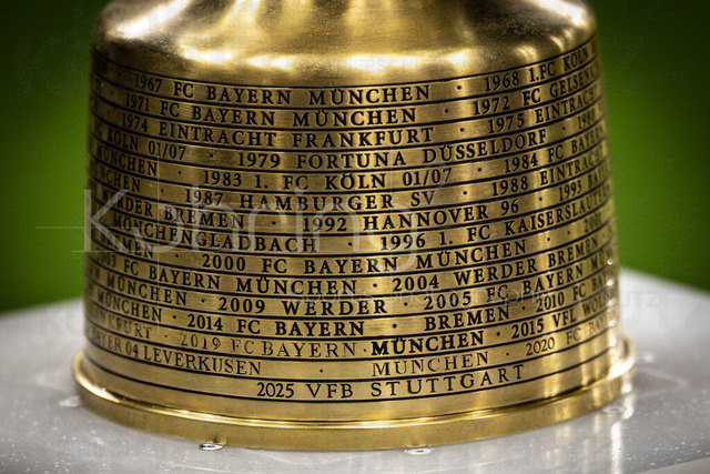 Bayer 04 Leverkusen vs. FC St. Pauli, 03.02.2026 | LEVERKUSEN, GERMANY - FEBRUARY 3:  The engravings on the base of the DFB Cup before the DFB Cup quarter-final match Bayer 04 Leverkusen vs. FC St. Pauli at BayArena on February 3, 2026 in Leverkusen, Germany. (Photo by Axel Kohring/Beautiful Sports Int.)DFL REGULATIONS PROHIBIT ANY USE OF PHOTOGRAPHS AS IMAGE SEQUENCES AND/OR QUASI-VIDEO.