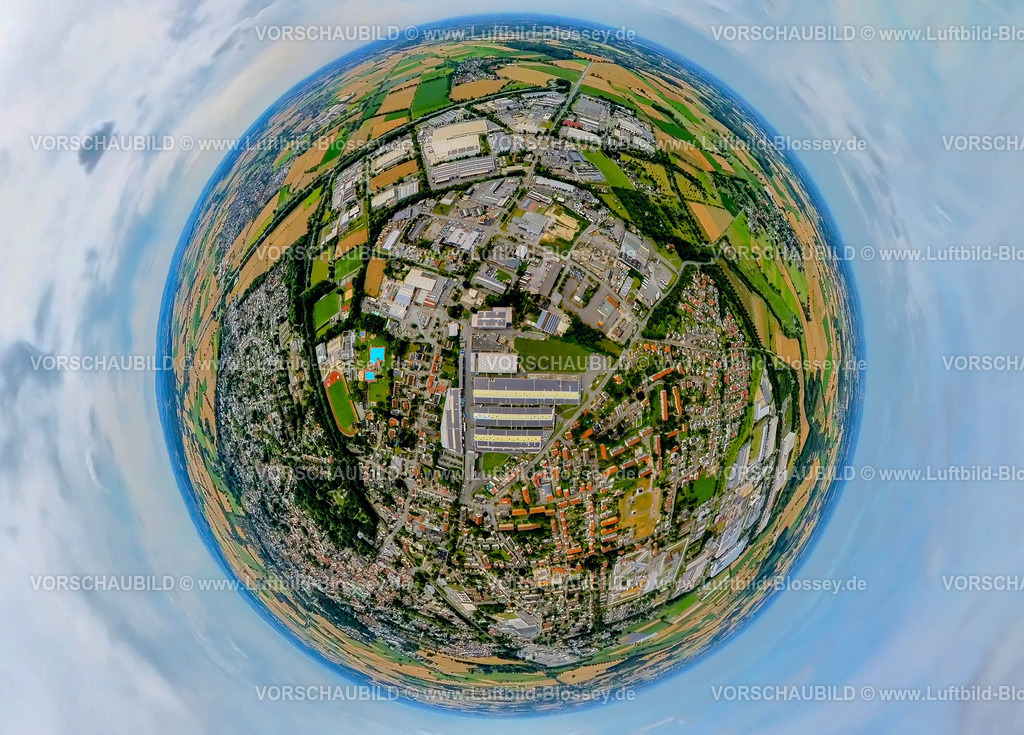 Werl240790047Standard-Metallwerke | Luftbild, Gewerbegebiet Hammer Straße mit Standard Metallwerke, Erdkugel, Fisheye Aufnahme, Fischaugen Aufnahme, 360 Grad Aufnahme, tiny world, little planet, fisheye Bild, Werl, Soester Börde, Nordrhein-Westfalen, Deutschland