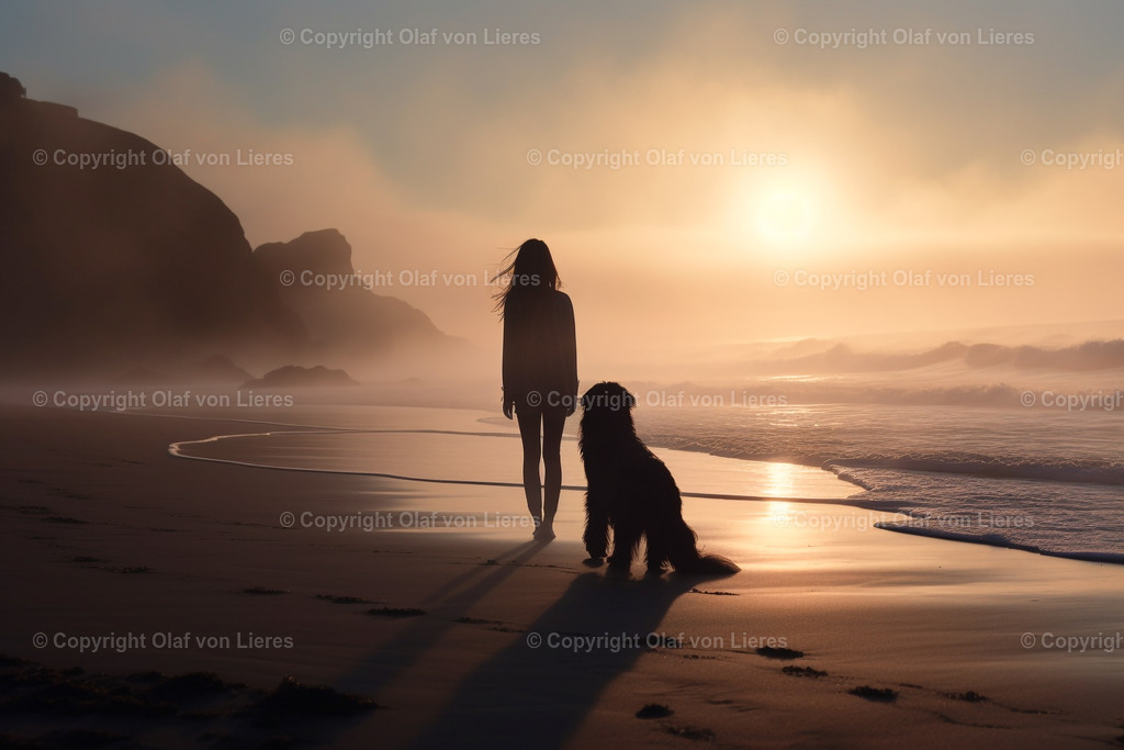 junge Frau mit Hund am Strand | Mädchen mit Ihrem Hund am Meer