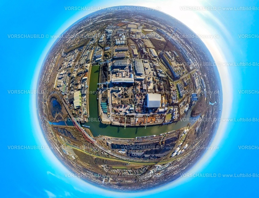 Essen240190196StadthafenEssen | Luftbild, Stadthafen Essen und gesperrte Rhein-Herne-Kanalbrücke mit rotem Geländer, Autobahn A42 Emscherschnellweg, Infrastruktur, Doppelbogenbrücke an der Stadtgrenze Bottrop, Sturmhof Kohlehafen, Erdkugel, Fisheye Aufnahme, Fischaugen Aufnahme, 360 Grad Aufnahme, tiny world, little planet, fisheye Bild, Bergeborbeck, Essen, Ruhrgebiet, Nordrhein-Westfalen, Deutschland