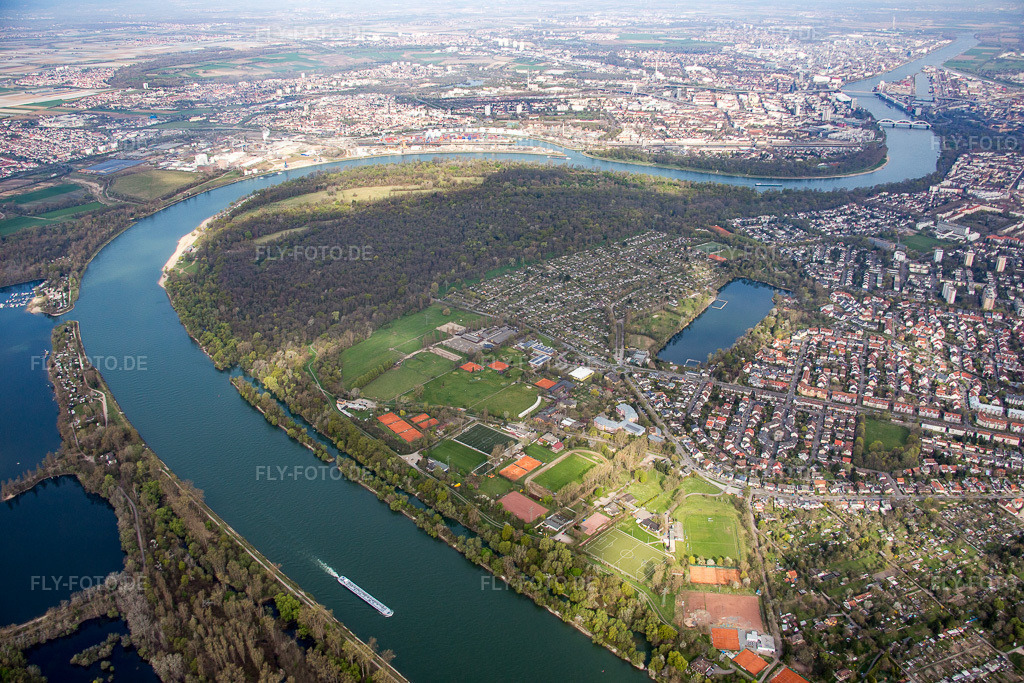 Luftbild: Waldpark und Reissinsel im Ortsteil Niederfeld in Mannheim im Bundesland Baden-Württemberg in Deutschland. Foto: IMG_076952.jpg vom 12.04.2015 durch Werner Riehm/FLY-FOTO.de