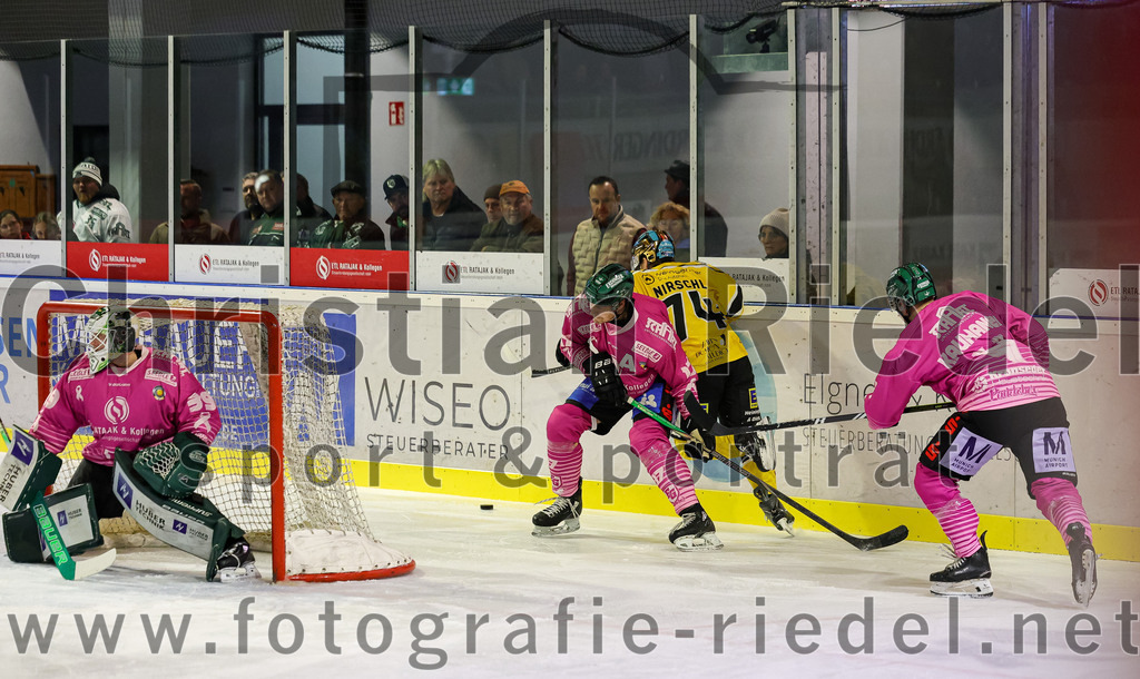 2025-10-28_045_TSV_Erding_gegen_Toelzer_Loewen | Erding, Deutschland, 28.10.2025:Eishockey, Oberliga Süd 2025 / 2026, 13. Spieltag, TSV Erding gegen Tölzer Löwen, Endergebnis: 2:5Torwart Leon Meder (Erding Gladiators, #39), Elia Ostwald (Erding Gladiators, #17), Ludwig Nirschl (Tölzer Löwen, #74), Jesse Kauhanen (Erding Gladiators, #4)Foto: Christian Riedel / fotografie-riedel.net