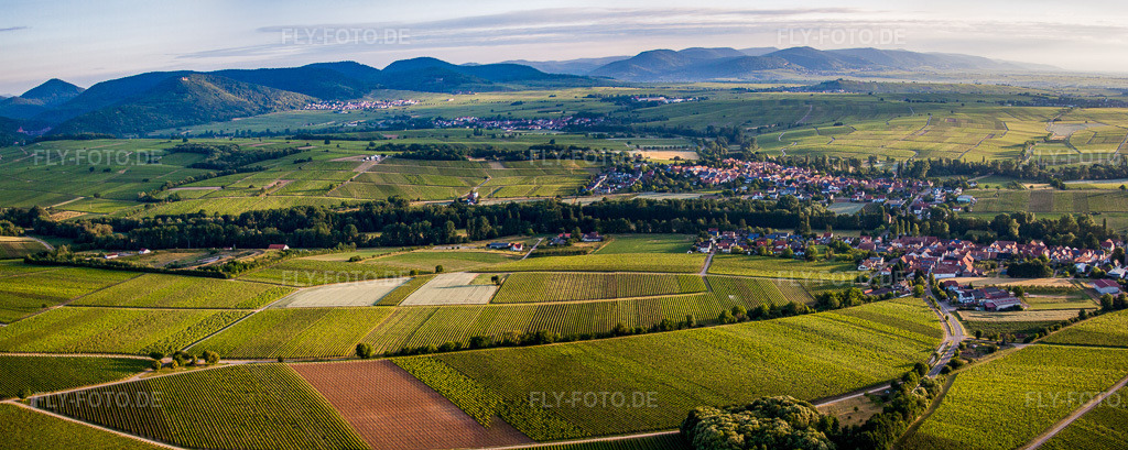 Luftbild: Dorfansicht im Ortsteil Klingen in Heuchelheim-Klingen im Bundesland Rheinland-Pfalz in Deutschland. Foto: IMG_67845-Bearbeitet.jpg vom 14.06.2014 durch Werner Riehm/FLY-FOTO.deAuflösung des Originals: 7519 x 3001 px