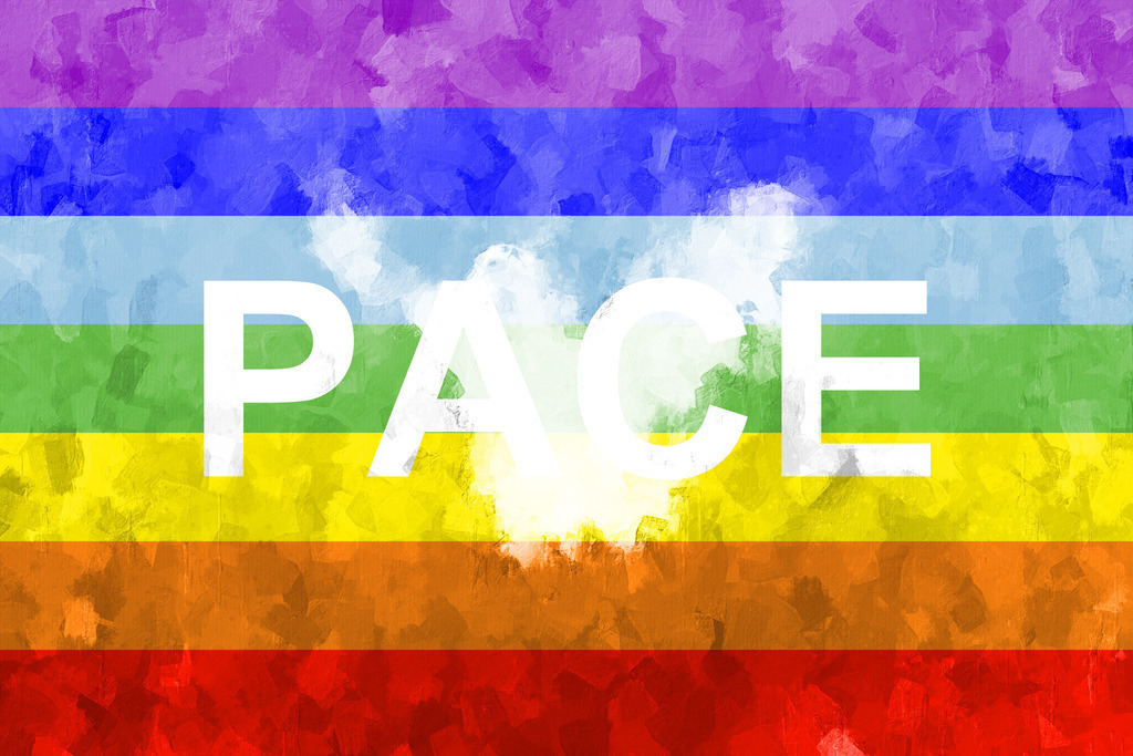 Friedenstaube Pace Flagge | Regenbogenfahne der Friedensbewegung („Pace-Flagge“) mit weißer Friedenstaube. Pace (lateinisch.) = Frieden.