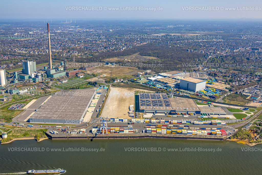 Duisburg250402992Logport6Walsum | Luftbild, Duisburg-Nord, duisport logport VI Walsum, logport 6, STEAG Kraftwerk Walsum am Fluss Rhein, Container Verladestation, Alt-Walsum, Duisburg, Ruhrgebiet, Nordrhein-Westfalen, Deutschland