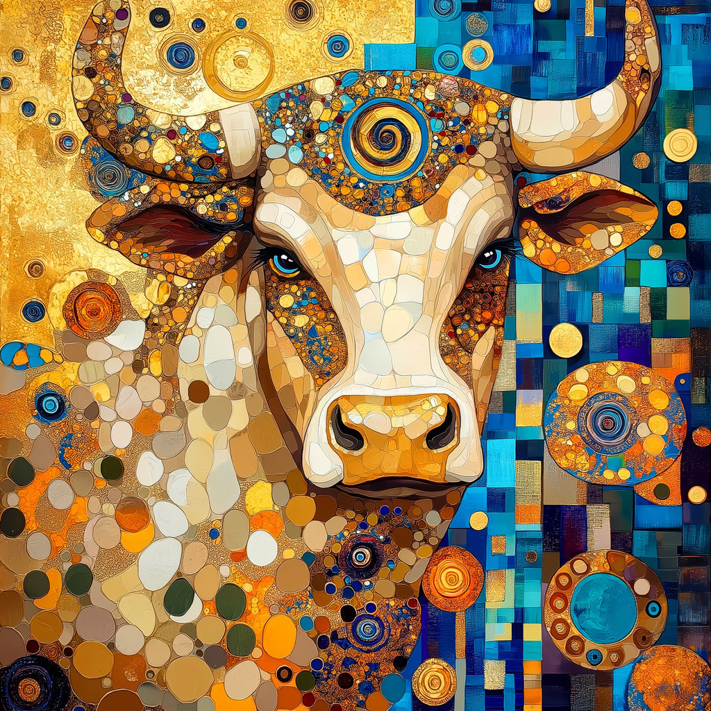 2507008 - Stier im Stil von Klimt | Expressives Tierporträt im Mosaikstil mit Anklängen an Klimt und die ornamentale Malerei des Jugendstils.Kreise, Spiralen und strukturierte Farbflächen verbinden sich zu einer kraftvollen Symbolfigur – zwischen Erdverbundenheit und dekorativer Fantasie.