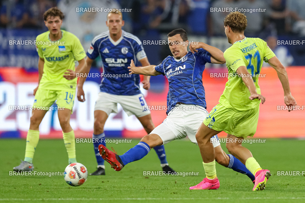 1_S04BER_20250801_2312.JPG -  - FC Schalke 04 - Hertha BSC Berlin - 2. Bundesliga | Gelsenkirchen, Deutschland, 01.08.25: Ron Schallenberg (FC Schalke 04) und Marton Dardai (Hertha BSC Berlin) im Kampf um den Ball waehrend des Spiels der 2. Bundesliga zwischen FC Schalke 04 - Hertha BSC Berlin in der Veltins-Arena am 01. August 2025 in Gelsenkirchen, Deutschland. (Foto von Stefan Brauer/Brauer-Fotoagentur)DFB/DFL REGULATIONS PROHIBIT ANY USE OF PHOTOGRAPHS AS IMAGE SEQUENCES AND/OR QUASI-VIDEO.
