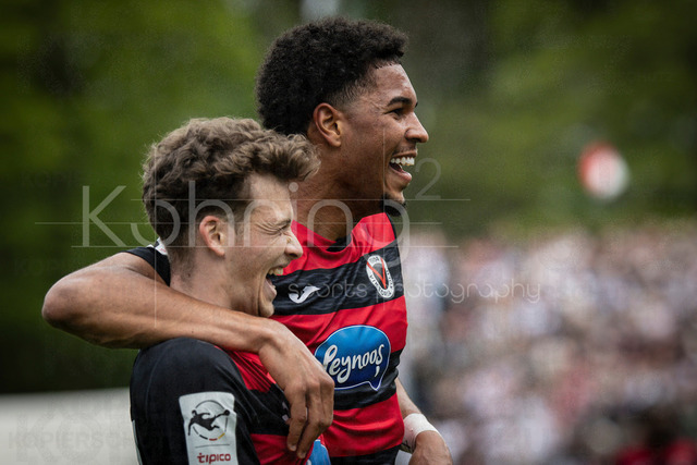 Viktoria Koeln vs. SV Wehen Wiesbaden, 11.04.2026 | KOELN, GERMANY - APRIL 11, 2026:  Lucas Wolf (Viktoria Köln, 21) celebrates scoring his team's first goal with teammate Benjamin Zank (Viktoria Köln, 23) during the 3rd division match between Viktoria Koeln vs. SV Wehen Wiesbaden at the Sportpark Hoehenberg on matchday 7 on April 11, 2026 in Koeln, Germany. DFL REGULATIONS PROHIBIT ANY USE OF PHOTOGRAPHS AS IMAGE SEQUENCES AND/OR QUASI-VIDEO.