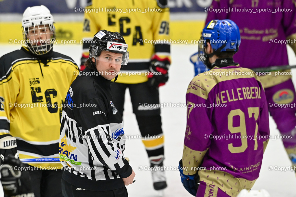 EC Kellerberg vs. EC Arnoldstein | #86 Martl Timo EC Arnoldstein, Eicher Herbert Referee, #97 Schwab Yannic EC Kellerberg, EC Kellerberg vs. EC Arnoldstein, EC Kellerberg vs. EC Arnoldstein am 31.01.2025 in Villach (Stadthalle Villach), Austria, (Photo by Bernd Stefan)