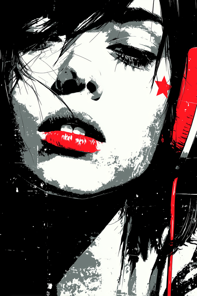 Poster: HER FREQUENCY – The Pulse – Lost in sound. Found in herself. | Frau mit Kopfhörern und roten Lippen in Schwarz-Weiß-Rot – energiegeladenes Musikposter aus der Kollektion HER FREQUENCY - Realisiert mit Pictrs.com