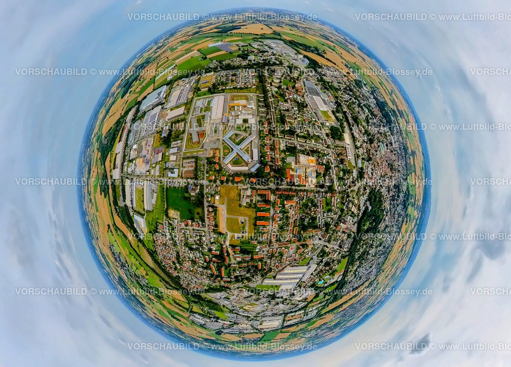 Werl240790046JVA | Luftbild, Justizvollzugsanstalt Werl (JVA) Gefängnis, Wohngebiet und geplantes Baugebiet Werl-Nord 3, Erdkugel, Fisheye Aufnahme, Fischaugen Aufnahme, 360 Grad Aufnahme, tiny world, little planet, fisheye Bild, Werl, Soester Börde, Nordrhein-Westfalen, Deutschland