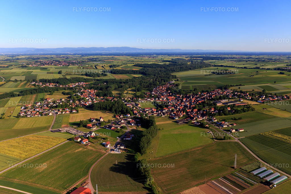 Aerial view: View of the town from the southeast in Steinseltz in the state Bas-Rhin, France. – Photo: IMG_100756.jpg taken on 06/08/2017 by Werner Riehm/FLY-FOTO.com – Resolution of the original: 5472 x 3648 px