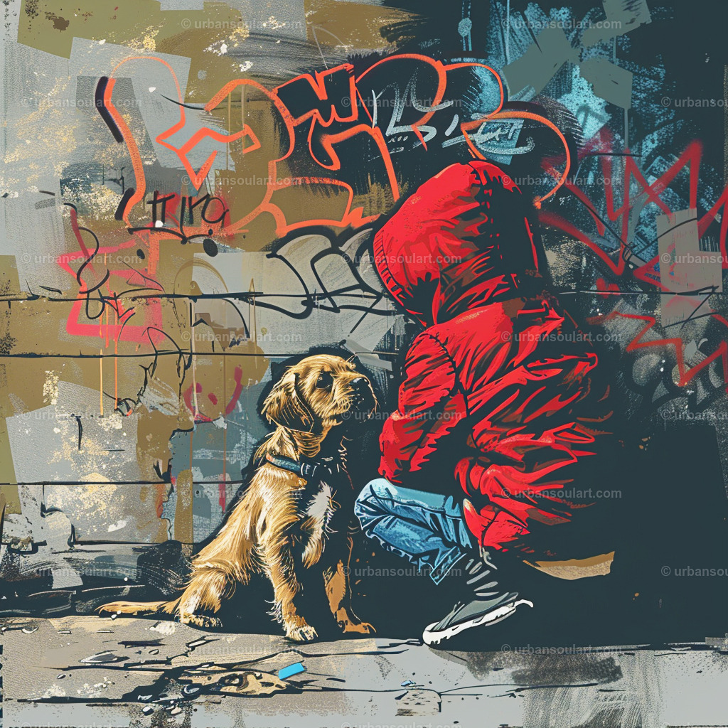 Kid Talking To His Cute Dog | This captivating canvas portrays a young child in a red hoodie, affectionately interacting with their loyal dog in an urban graffiti setting. The artwork beautifully contrasts the child’s innocence with the gritty backdrop, symbolizing friendship and loyalty in unlikely places. Perfect for dog lovers or anyone who appreciates street art, this piece adds warmth and a unique edge to any room. - Realisiert mit Pictrs.com