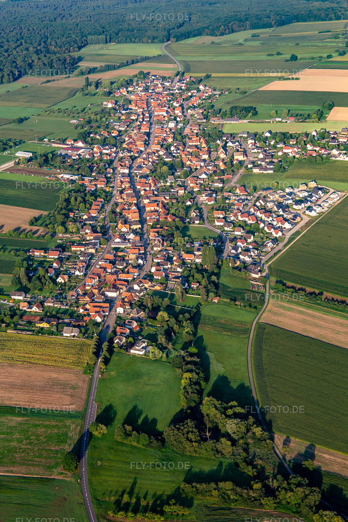Luftbild: Ortsansicht von Osten in Eschbach im Bundesland Bas-Rhin in Frankreich. Foto: IMG_138085.jpg vom 19.08.2023 durch Werner Riehm/FLY-FOTO.de