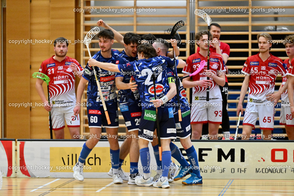 VSV Unihockey vs. KAC Floorball | Jubel VSV Unihockey Mannschaft, #27 Lukas Florianschitz VSV Unihockey, #20 David Gredler VSV Unihockey, #30 Christoph Steiner VSV Unihockey, VSV Unihockey vs. KAC Floorball, VSV Unihockey vs. KAC Floorball am 12.04.2025 in Villach (Ballspielhalle St. Martin), Austria, (Photo by Bernd Stefan)