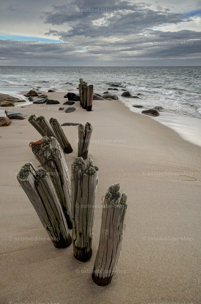 Tanzende Wellenbrecher auf glattem Parkett | Ausgemergelte und gesplitterte Holzpfähle eines Wellenbrechers scheinen über den glatten Sand am Ostseestrand zu tanzen.