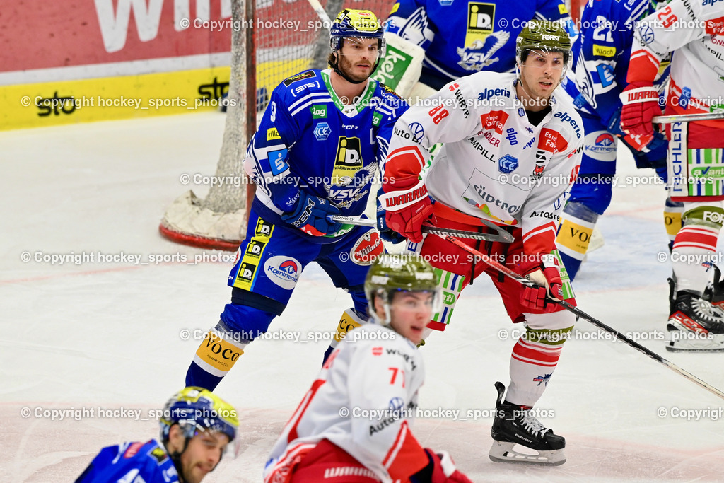EC VSV vs. HC Bozen 16.2.2024 | #9 RAUCHENWALD Alexander, #88 Alberga Domenico, EC VSV vs. HC Bozen 16.2.2024, EC VSV vs. HC Bozen 16.2.2024 am 16.02.2024 in Villach (Stadthalle Villach), Austria, (Photo by Bernd Stefan)