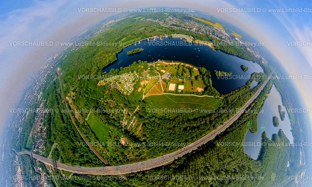 Duesseldorf240590086UnterbacherSee | Luftbild, Unterbacher See mit Strandbad Nord mit Campingplatz Nord und Strandbad Süd mit Campingplatz Süd, Segelboote und Bootsanlegestellen, Waldgebiet Eller Forst, Autobahn A46, Erdkugel, Fisheye Aufnahme, Fischaugen Aufnahme, 360 Grad Aufnahme, tiny world, little planet, fisheye Bild, Unterbach, Düsseldorf, Nordrhein-Westfalen, Deutschland