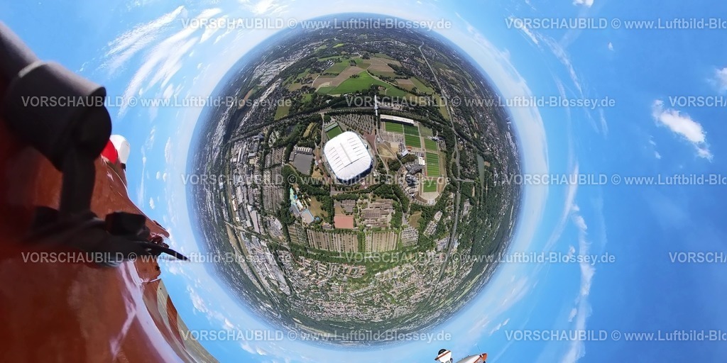 Gelsenkirchen20220803_2Schalke | Luftbild, VELTINS-Arena, Bundesligastadion des Fußballvereins FC Schalke 04, Fisheye Aufnahme, Fischaugen Aufnahme, 360 Grad Aufnahme, Erle, Gelsenkirchen, Ruhrgebiet, Nordrhein-Westfalen, Deutschland