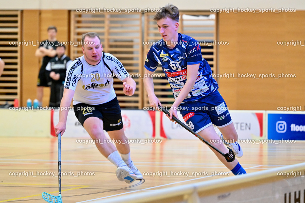 FBK Loka vs. VSV Unihockey | #20 Luka Podobnik FBK Loka, #59 Nino Forelli VSV Unihockey, FBK Loka vs. VSV Unihockey, FBK Loka vs. VSV Unihockey am 23.03.2025 in Villach (Ballspielhalle St. Martin), Austria, (Photo by Bernd Stefan)