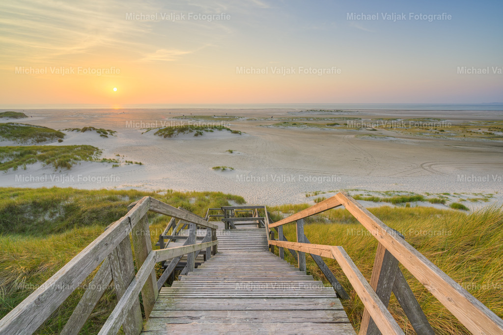 Blick von der Himmelsleiter bei Norddorf auf Amrum | Die Aussichtsplattform Himmelsleiter bei Norddorf auf Amrum bietet einen atemberaubenden Blick über den Kniepsand, besonders eindrucksvoll kurz vor Sonnenuntergang. Von hier aus kann man die weitläufigen Vordünen und den idyllischen Badestrand bei Norddorf überblicken, während die letzten Sonnenstrahlen den Himmel in ein malerisches Farbenspiel tauchen. Die Himmelsleiter, benannt nach ihrem steilen Aufstieg, ist über eine Holztreppe oder einen Bohlenweg erreichbar und verspricht ein unvergessliches Naturerlebnis inmitten der Dünenlandschaft Amrums. - Realisiert mit Pictrs.com