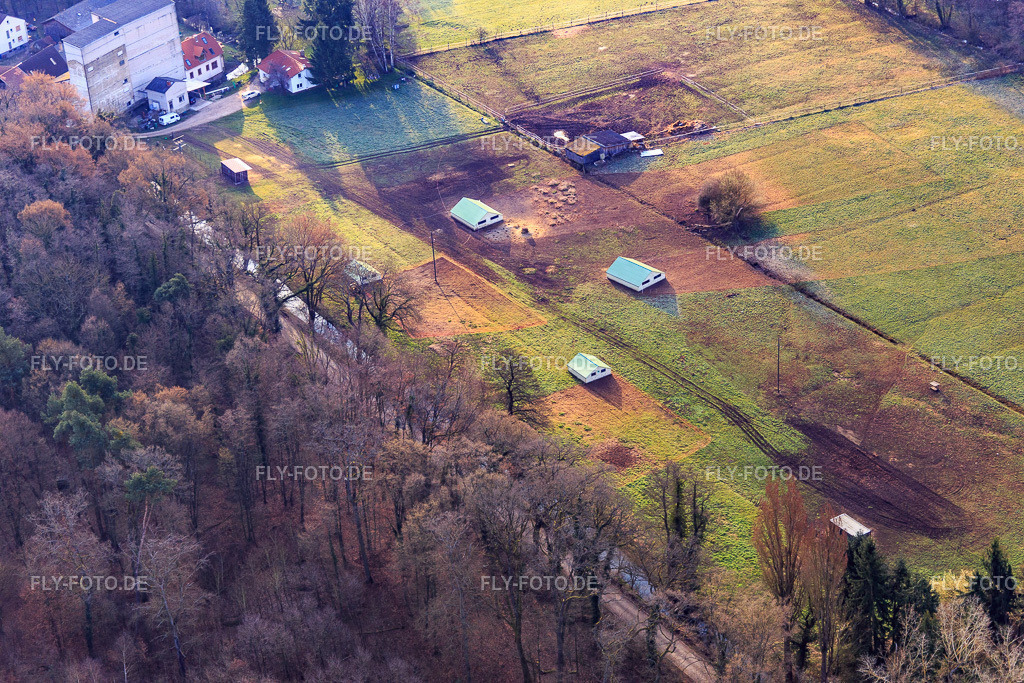 Mobeler Hühnerstall der  Biohühnerfarm von Hofladen Stoltz  an der Hardtmühle | Luftbild: Mobeler Hühnerstall der  Biohühnerfarm von Hofladen Stoltz  an der Hardtmühle in Kandel im Bundesland Rheinland-Pfalz in Deutschland. Foto: IMG_076810.jpg vom 28.03.2015 durch Werner Riehm/FLY-FOTO.de - Realisiert mit Pictrs.com