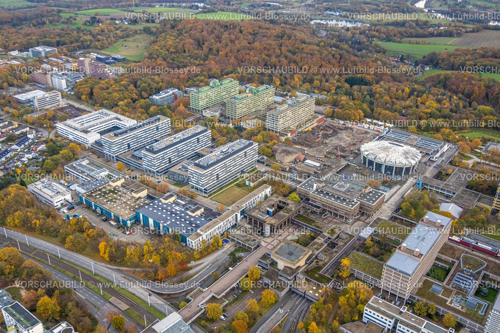 Bochum231102435 | Luftbild, Gebäudekomplex der RUB Ruhr-Universität Bochum, Baustelle Ersatzneubau NA, muschelartige Form rundes Gebäude Audimax Hörsaal, Mensa Gebäude, Querenburg, Bochum, Ruhrgebiet, Nordrhein-Westfalen, Deutschland