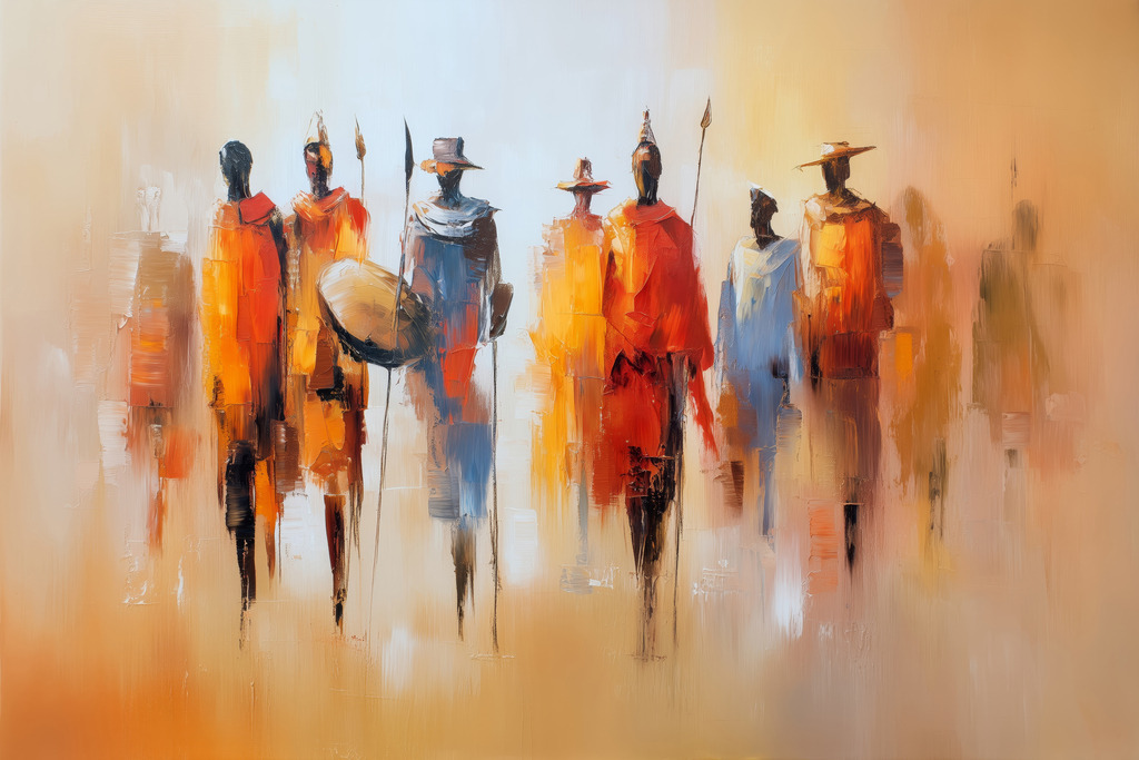 2605016 - Wächter der Steppe | Die Szene zeigt eine Gruppe afrikanischer Krieger in einer lichtdurchfluteten, sandfarbenen Umgebung. Die Figuren sind in kräftige Rot- und Erdtöne gehüllt und tragen traditionelle Schilde sowie Speere. Durch die vertikale Ausrichtung der Formen und die warmen Farbkontraste entsteht ein Eindruck von Stolz und gemeinsamer Bewegung.