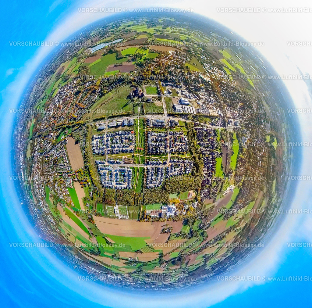 neukirchen-Vluyn20221006_6 | Luftbild, Wohnquartier Niederberg, Neubaugebiet Dicksche Heide, Fisheye Aufnahme, Fischaugen Aufnahme, 360 Grad Aufnahme, Neukirchen, Neukirchen-Vluyn, Fisheyeaufnahme, Ruhrgebiet, Nordrhein-Westfalen, Deutschland