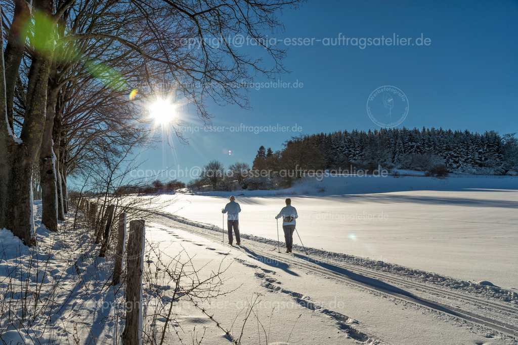 Winterlandschaft im Sauerland, Ski Loipe mit 2 Langläufern in Brilon | Winterliche Landschaft mit Langlauf Ski Loipe in Brilon. Ein Ehepaar gleitet in den frischen Schneespuren. Die Sonne scheint. 
