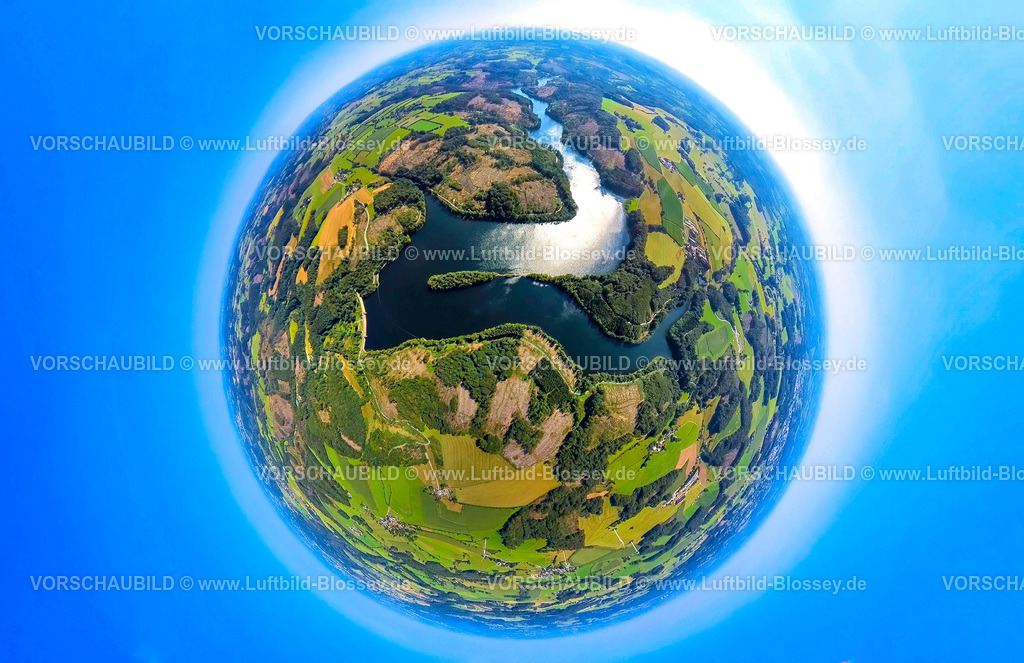Ennepetal240890791Ennepetalsperre_Breckerfeld | Luftbild, Ennepetalsperre mit Staumauer in Breckerfeld umgeben von Wiesen und Feldern, Waldschäden, Erdkugel, Fisheye Aufnahme, Fischaugen Aufnahme, 360 Grad Aufnahme, tiny world, little planet, fisheye Bild, Rüggeberg, Ennepetal, Ruhrgebiet, Nordrhein-Westfalen, Deutschland