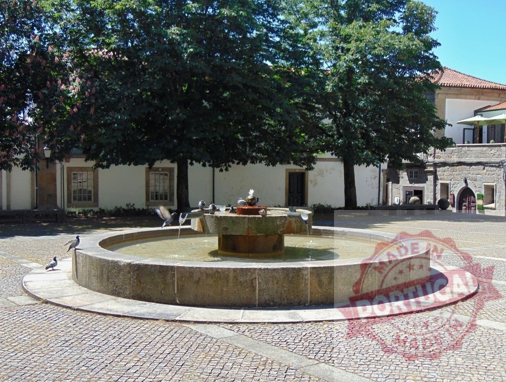 Old stone fountain with pigeons in town square. Region Norte - Portugal | Pigeons gathering around an old stone fountain in a sunny cobblestone town square - Realized with Pictrs.com