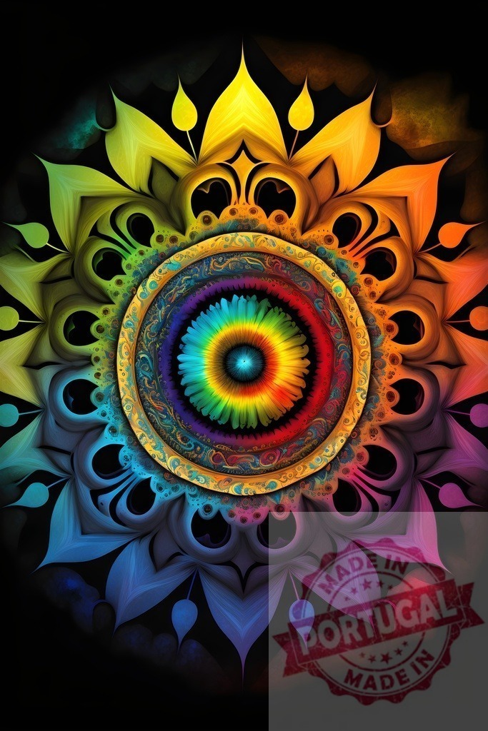 Colorful mandala presenting vibrant psychedelic geometric pattern | Circular mandala featuring a radiant rainbow spectrum against a dark background, evoking spiritual focus - Realized with Pictrs.com
