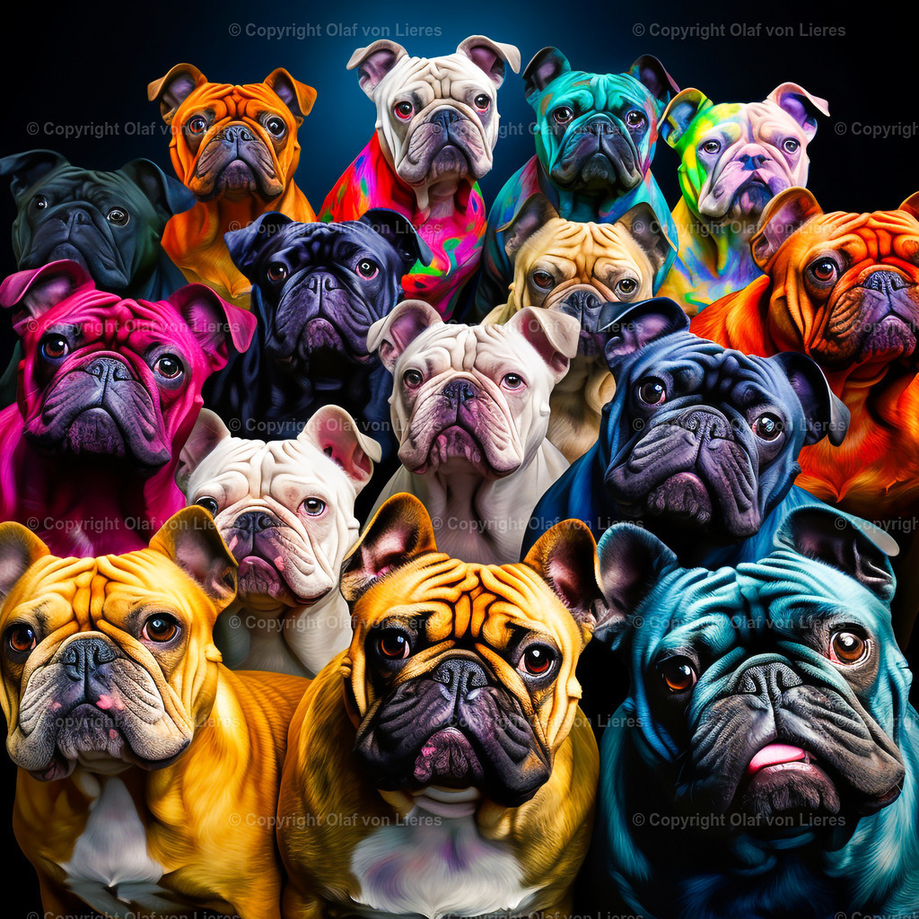 viele bunte Bulldoggen | Hundegesichter als Wandbild