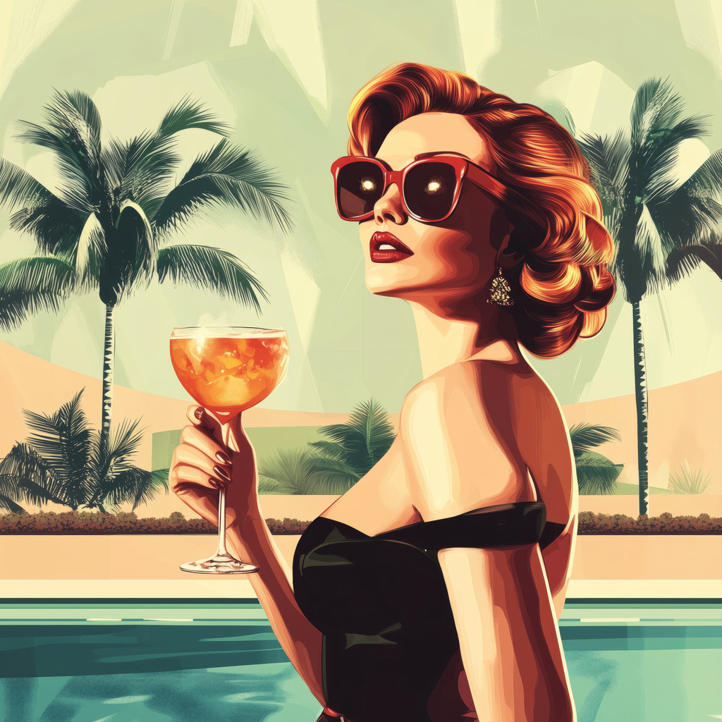 2502033 - Frau am Pool | Frau mit Cocktail an einem Pool. Bestellen Sie dieses Motiv als hochwertigen Kunstdruck auf Leinwand, hinter Acrylglas, auf Alu-Dibond oder als Poster.