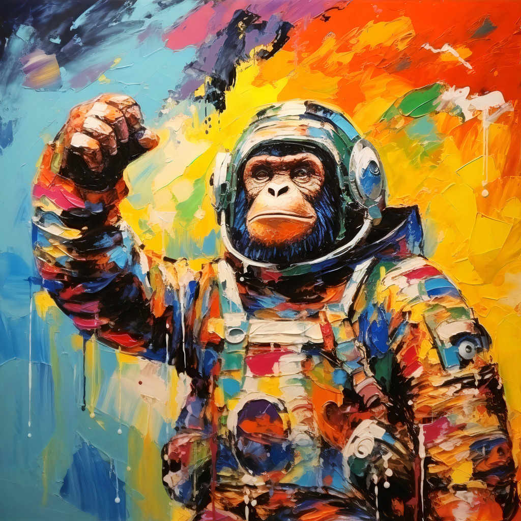 2307055 - Astronaut | Ein Affe im Raumanzug. Modernes buntes Wandbild, das wie gemalt wirkt.