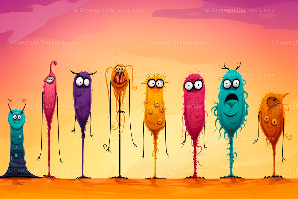 farbenfrohes Wandbild mit Monstern | komische Monster in einer Reihe