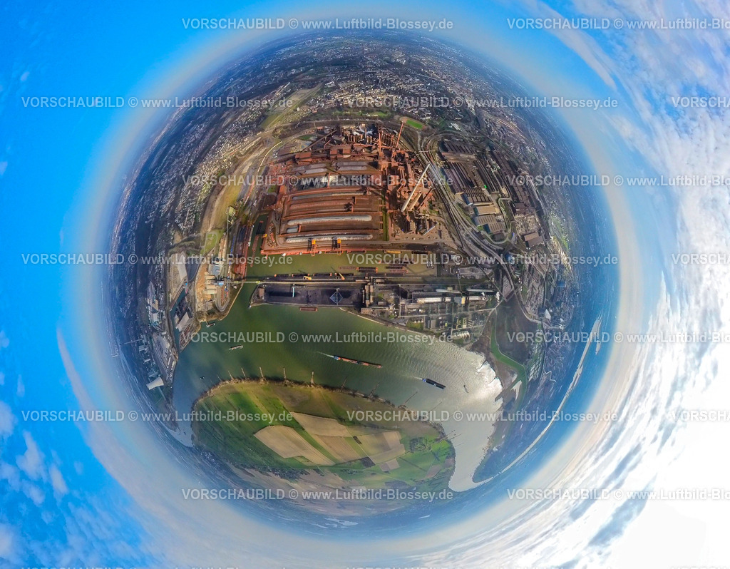 Duisburg240390007ThyssenSteel-2 | Luftbild, Thyssenkrupp Steel Europe Stahlwerk am Fluss Rhein, Werkshafen Schwelgern, Erdkugel, Fisheye Aufnahme, Fischaugen Aufnahme, 360 Grad Aufnahme, tiny world, little planet, fisheye Bild, Marxloh, Duisburg, Ruhrgebiet, Nordrhein-Westfalen, Deutschland, Duisburg-fish