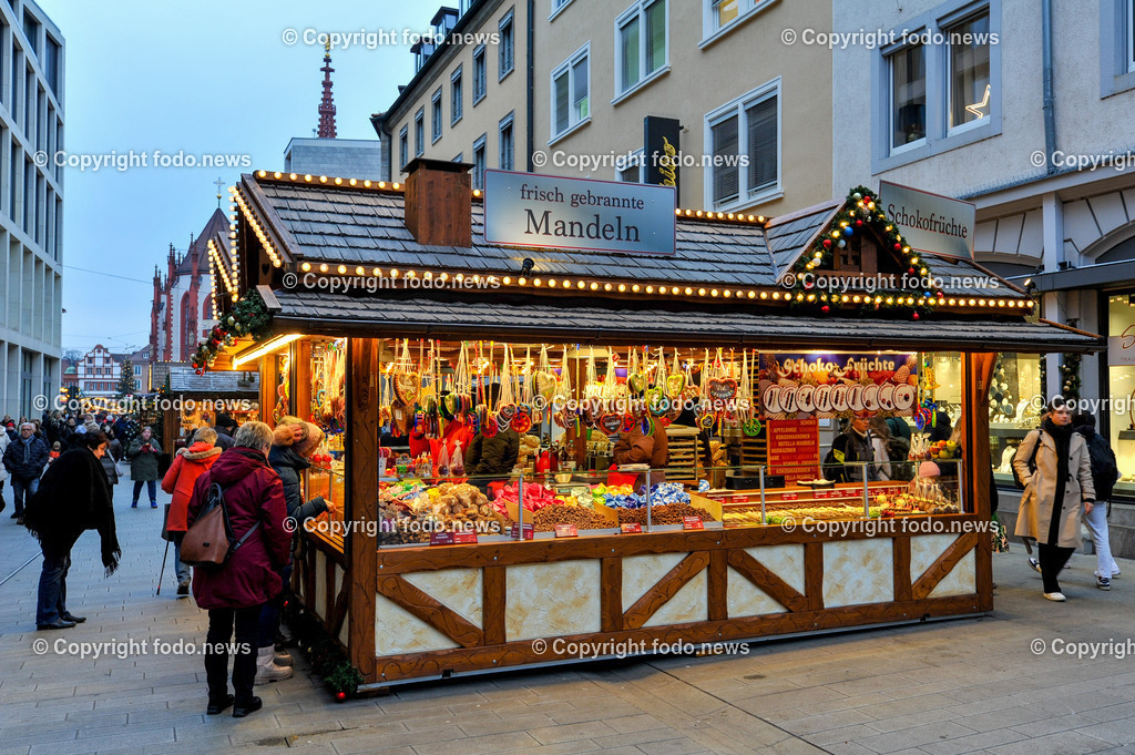 Deutschland_ Bayern_ Wuerzburg_ 13.12.2024-8 | 12.06.2024, Deutschland, GER, Bayern, Wuerzburg im Bild Stadtansichten, Weihnachtlich, Beleuchtung, Verkaufsstand, Huette, Suessigkeiten, kreisfreie Stadt in Bayern, Bezirk Unterfranken
