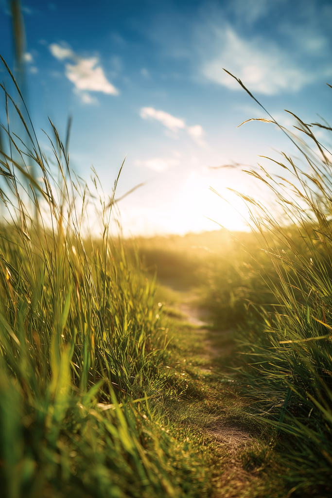 Poster: SOFT HORIZONS – The First Step – Der Anfang eines neuen Weges | Natur Poster mit sonnigem Pfad durch eine grüne Wiese in Richtung Horizont – Motiv The First Step aus der Kollektion Soft Horizons - Realisiert mit Pictrs.com
