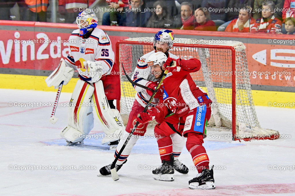 EC KAC vs. EC Red Bull Salzburb | #98 Obersteiner Daniel EC KAC, #2 Lewington Tyler James EC RED BULL SALZBURG,  #35 Tolvanen Atte EC RED BULL SALZBURG,  EC KAC vs. EC Red Bull Salzburb, EC KAC vs. EC Red Bull Salzburb am 04.04.2025 in Klagenfurt (Heidi Horten Arena), Austria, (Photo by Bernd Stefan)