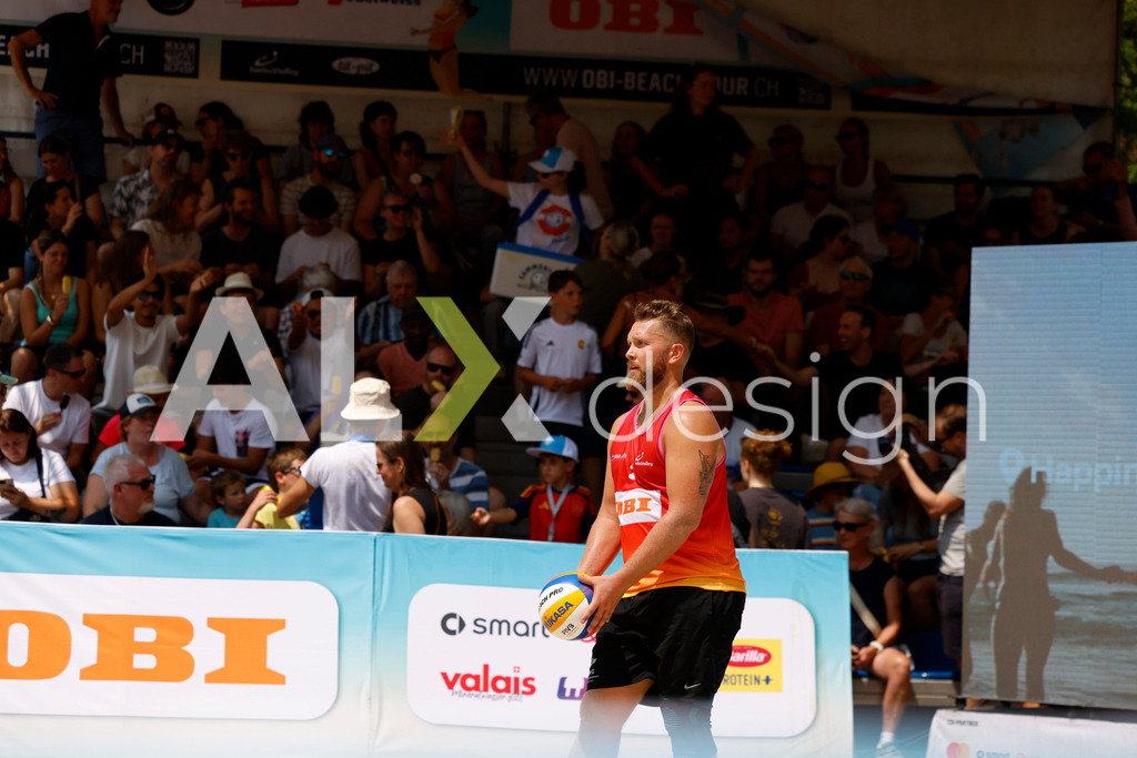 Obi BeachTour 2026 - Basel | BASEL, SWITZERLAND - JULY 19: MORITZ KINDL (AUT) during the Obi BeachTour 2026 match between LEITNER / KINDL (AUT) and BREER / KÄLIN (SUI) at Barfüsserplatz on July 19, 2026 in Basel, Switzerland.BASEL, SWITZERLAND - JULY 19: [PLAYER NAME] during the Obi BeachTour 2026 match between [TEAM 1] and [TEAM 2] at Barfüsserplatz on July 19, 2026 in Basel, Switzerland. - Realisiert mit Pictrs.com