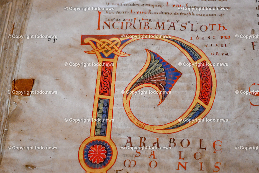 Stift St. Florian_ 08.08.023-6 | 08.08.2023, St. Florian, AUT, Augustiner Chorherrenstift St. Florian, im Bild Stiftsbibliothek St. Florian, St. Florianer Riesenbibel

Die Riesenbibel von St. Florian ist eine illustrierte mittelalterliche Handschrift aus dem 12. Jahrhundert. Sie misst 66 × 48 cm und umfasst 357 Pergamentblätter mit Bibeltext in lateinischer Sprache und prachtvollen Malereien. Damit zählt sie zu den bedeutenden Kunstwerken der Buchkunst der Romanik. Quelle: Wikipedia