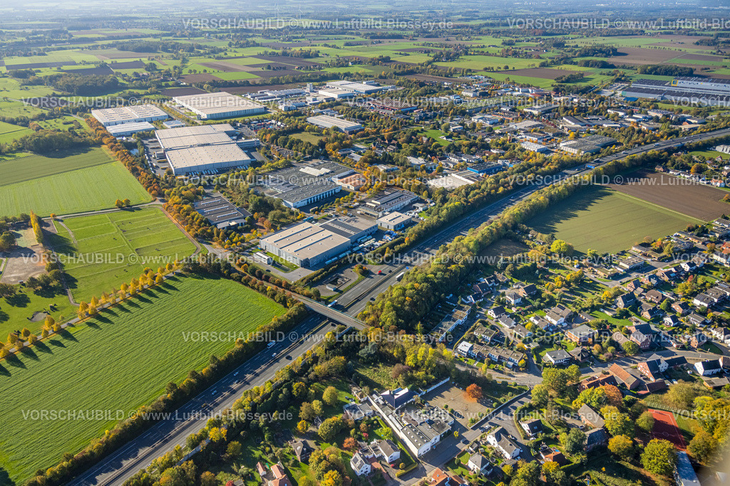 Hamm251001732 | Luftbild, Gewerbegebiet Oberster Kamp an der Autobahn A2, Wiesenfläche von herbstlicher Baumallee umgeben an der Autobahn A2, Wiesen und Felder mit Fernsicht, Brücke Wambelner Straße über die Autobahn, Stadtbezirk Rhynern, Hamm, Ruhrgebiet, Nordrhein-Westfalen, Deutschland