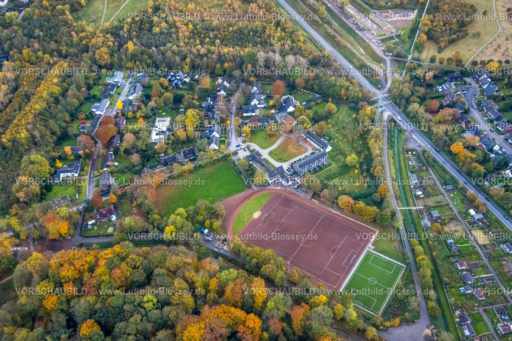 Gelsenkirchen231102840 | Luftbild, Sportanlage mit Fußballplatz  Halfmannshof des DJK Schwarz-Weiß Gelsenkirchen Süd e.V., Wohngebiet und Halfmannshof Künstlersiedlung am Rheinelbepark mit herbstlichen Laubbäumen, Ückendorf, Gelsenkirchen, Ruhrgebiet, Nordrhein-Westfalen, Deutschland